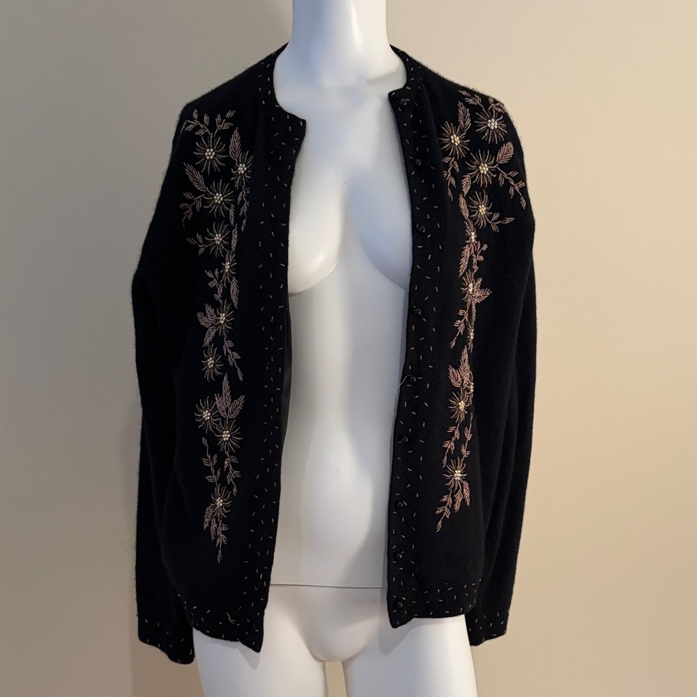 Vintage Floral Embroidered Black Cashmere Cardigan